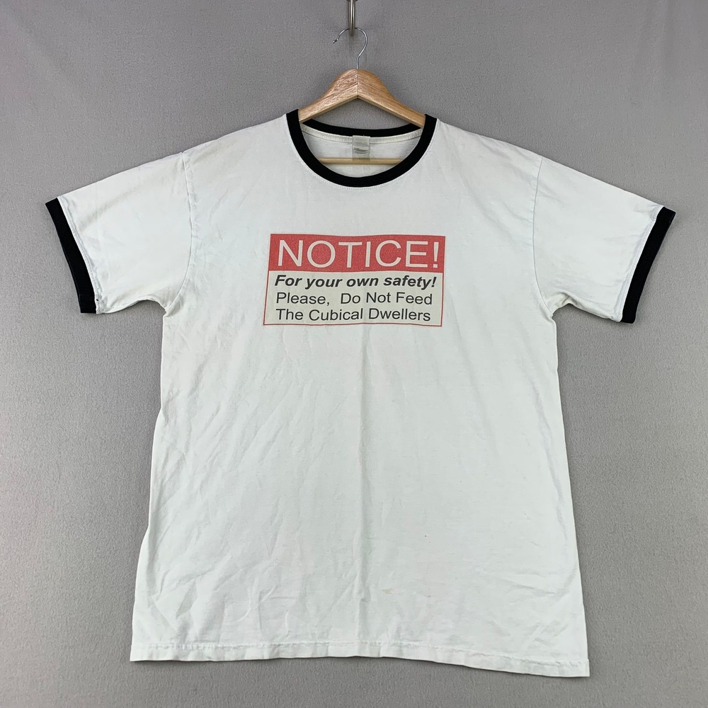 VTG Do Not Feed The Cubical Dwellers T-Shirt Mens L White Ringer Funny Tee